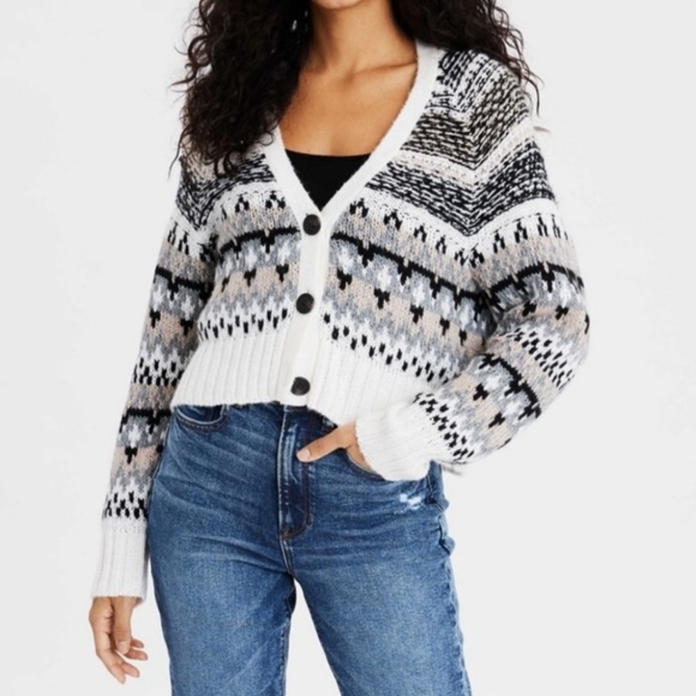 American Eagle Cropped Fair Isle Sweater Cardigan